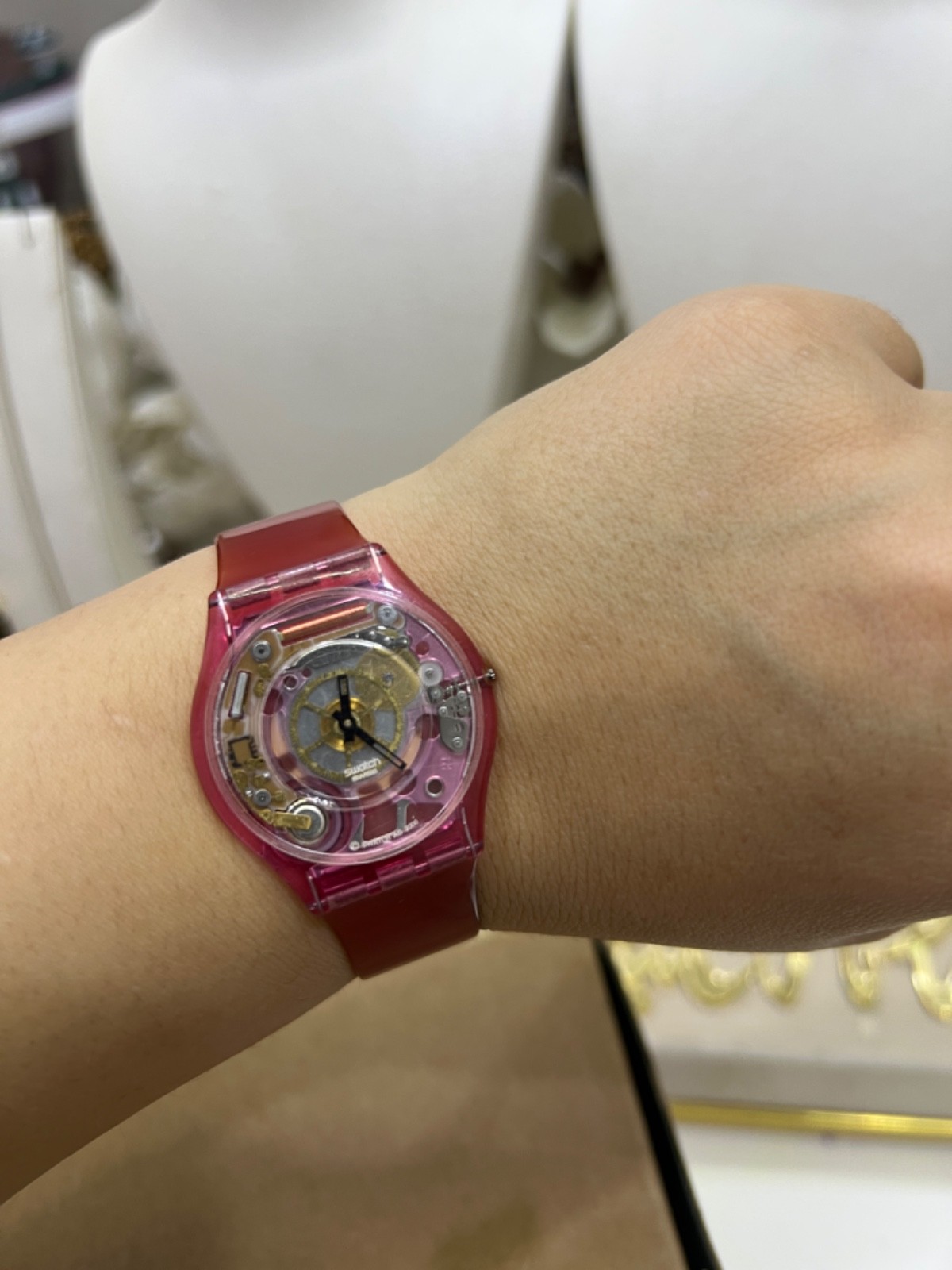 Vintage Swatch Swiss Skeleton Quartz Watch Pink Transparent | Y2K | Working