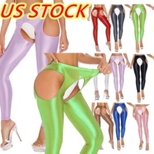 Womens Glossy Crotchless Tights Pants Stretchy Elastic Fitness Yoga Trousers