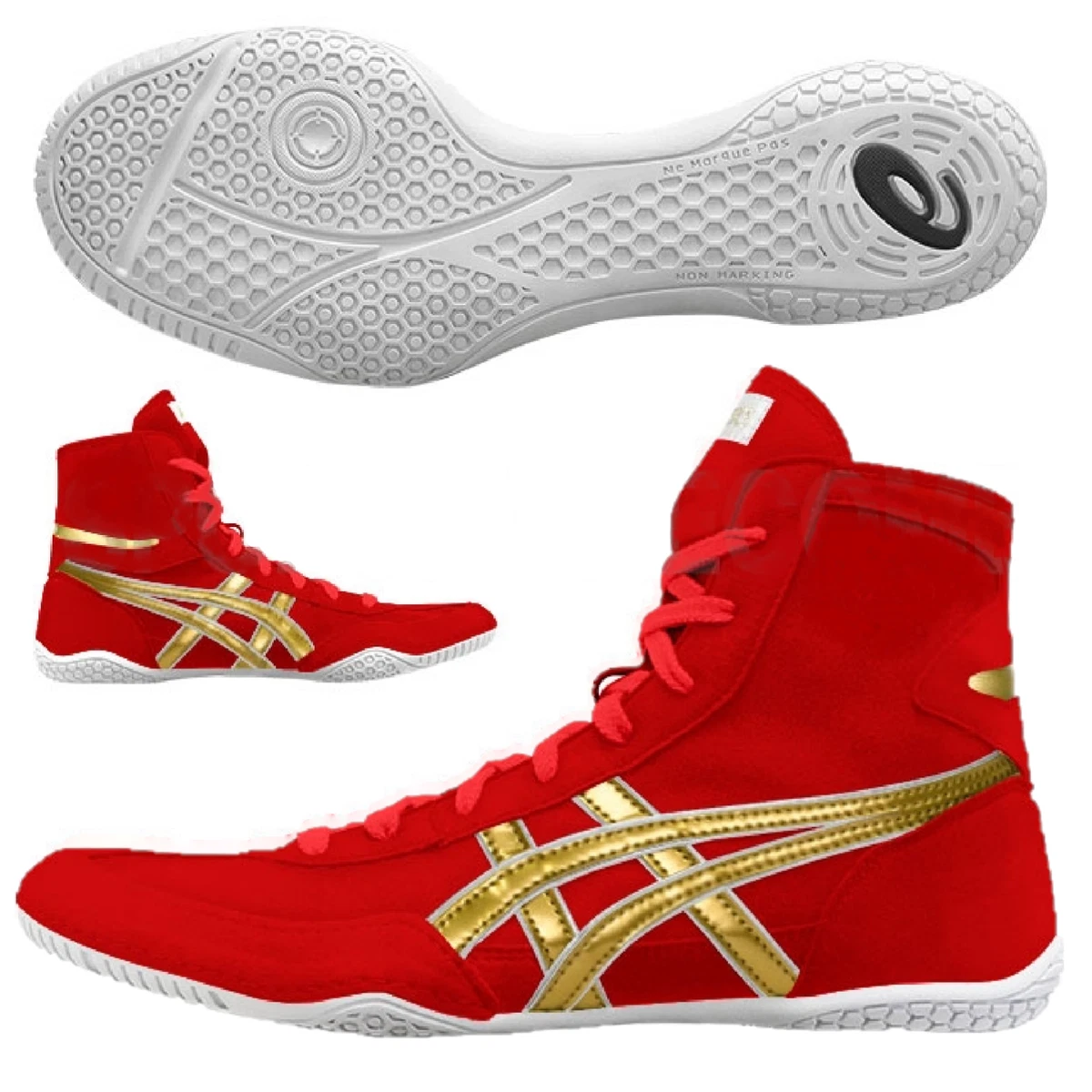Red and gold cheap asics wrestling shoes