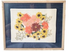 Vintage Embroidered Floral Framed Needlework Wood Frame Cottagecore Granny Mod