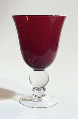 WATER WINE GOBLET w/ Clear Ball Wafer Stem - Holiday Ruby Red- 6.5  -Perfect