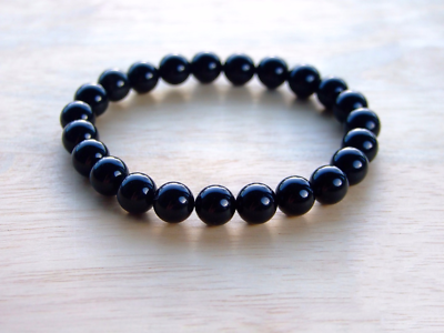 Bracciale Unique Gems In Pietra Naturale Onice Nero 8mm - Elastico Regolabile Da 16 A 19 Cm, Con Sacchetto Velluto