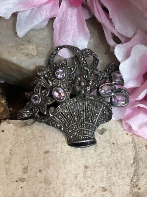 Vintage MC 925 Sterling Silver Amethyst Marcasite Stone Flower Basket  Pin 20g