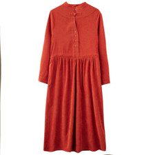 Ethnisch Damen Kord Kleid Retro Asiatisch Midi Frosch Knopf Langärmelig Freizeit