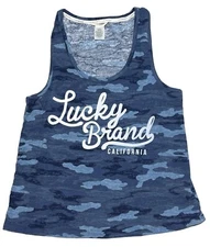 Lucky Brand Tank Top Women Size XL Blue Camo Sleeveless Logo Graphic Tee T-Shirt