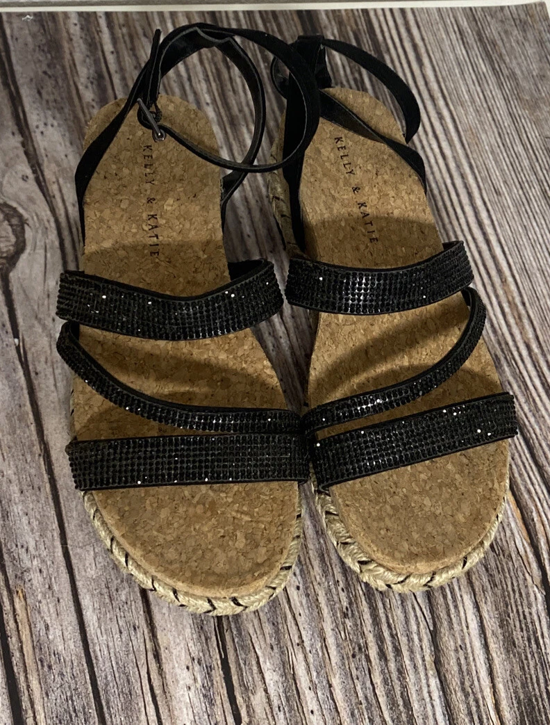 Kelly Katie Sandals Womens 7M Strappy Black Sparkly Comfort Block Heels