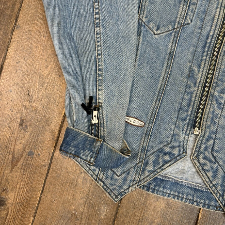 Harley Davidson Denim Jacket Womens Small Vintage Jean Bomber Coat, Blue image 7
