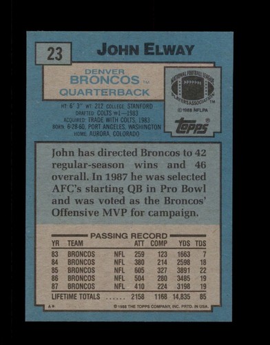 1988 Topps Football #23 John Elway - Bild 2 von 2