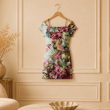 Guess Printed Off Shoulder Scuba Mini Dress Tropical Floral Size 6 NWT Miami Fun