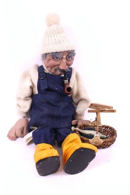 Brigitte Meister Marionette Fischer Handarbeit Original Holz Stoff Puppenspieler