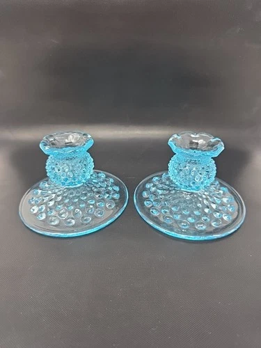 Fenton Blue Glass Hobnail 2 Candlestick Holders 3.25" Tall