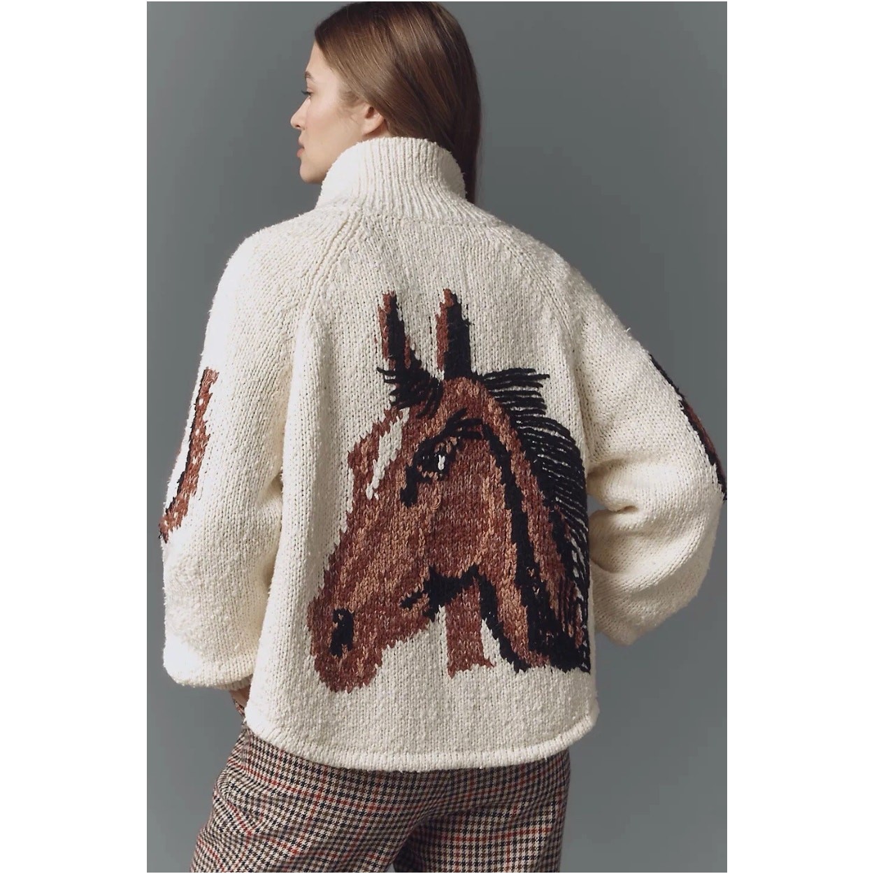 Womens Anthropologie Pilcro Western Horse Cardigan Sweater Equestrian Cream sz L