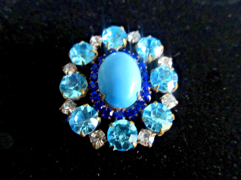 XL Outstanding Czech Vintage Style Glass Rhinestone Button    Shades of Blue