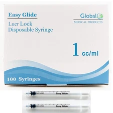 Easy Glide 1ml 1cc Sterile Syringe Luer Lock Tip, No Needle, Pack of 100 