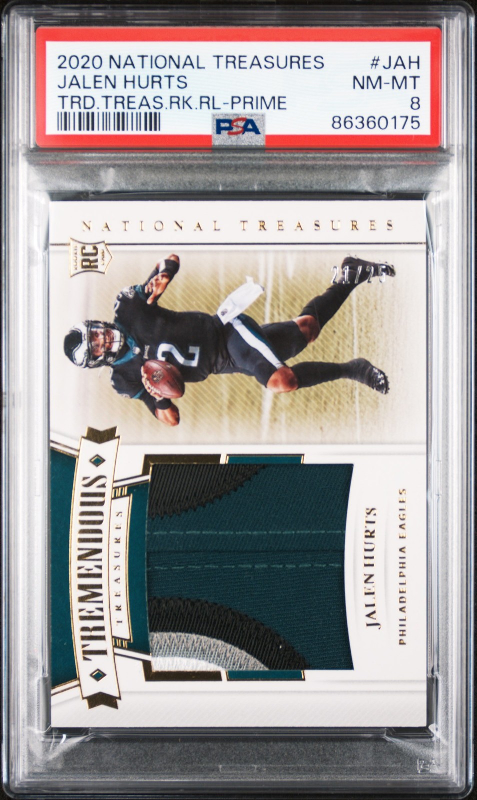 2020 National Treasures Jalen Hurts RC TTR-JAH 4 Color Patch /25 PSA 8 Eagles RC view 1