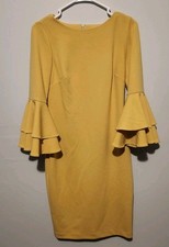Calvin Klein Yellow Double Tiered Bell Sleeve Stretch Crepe Sheath Dress Size 4