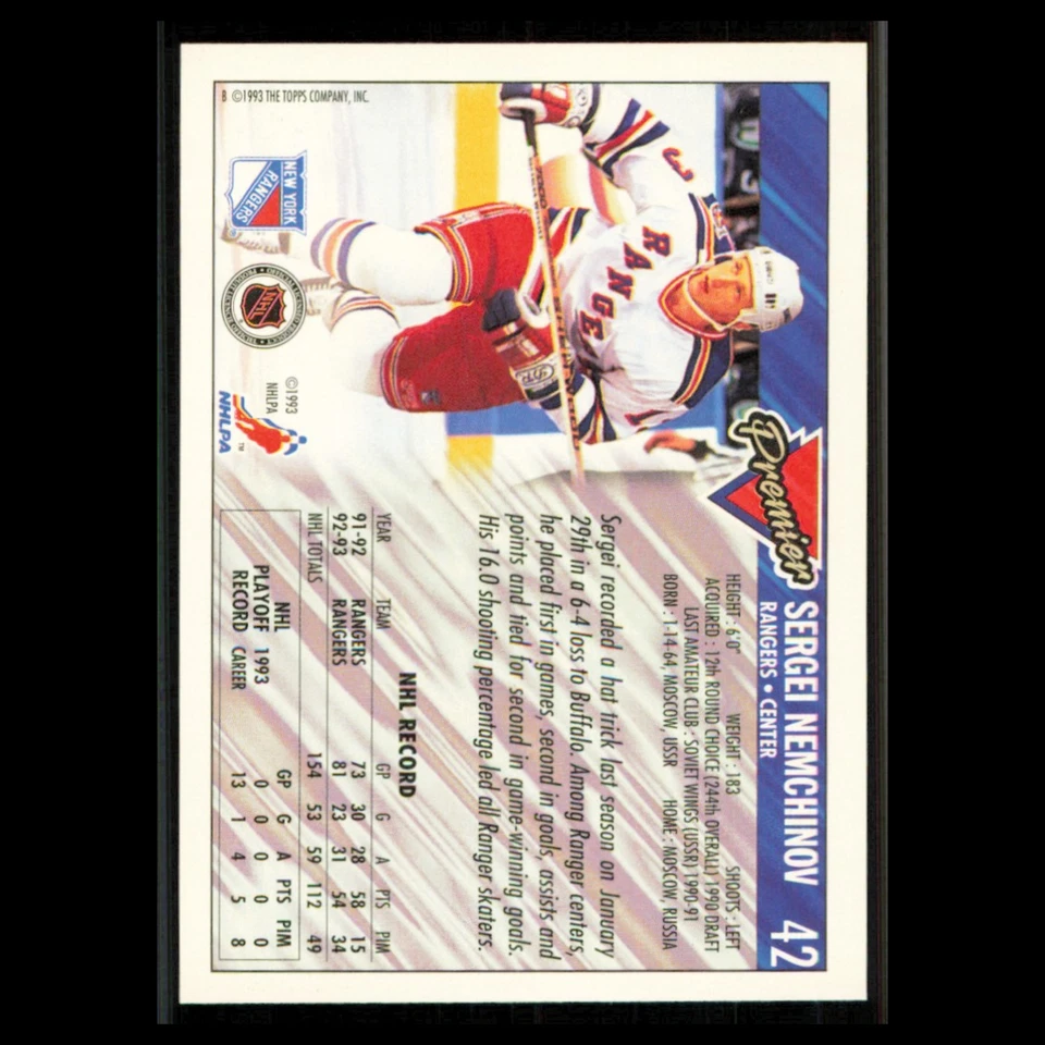 Sergi Nemchinov #42 1993 Topps Premier New York Rangers Hockey Card NHL NM - Image 2 of 3