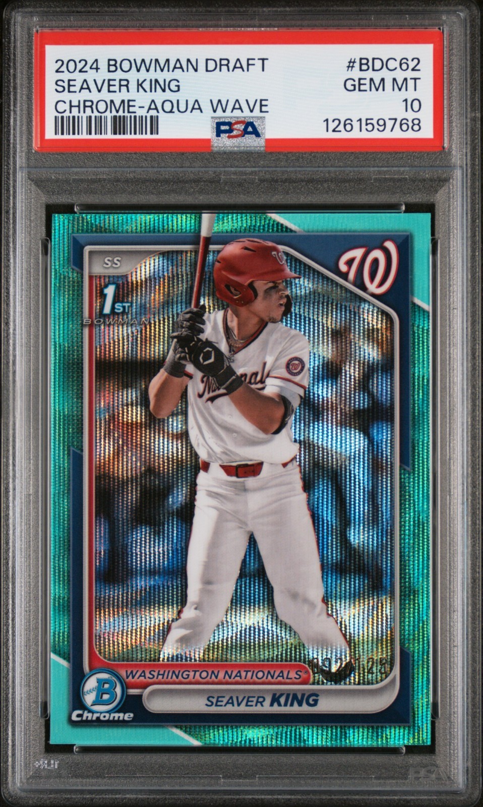 2024 Bowman Draft #BDC62 Seaver King 1st Chrome Aqua Wave Refractor /125 PSA 10