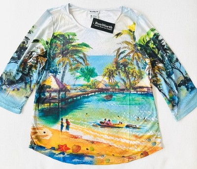 NWT Vibrant Tropical Beach Top 3/4 Sleeve w/Appliques; ALL SIZES - FREE SHIP!