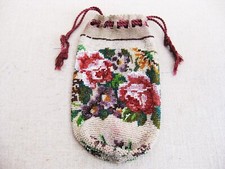 Vintage Beaded Handbag Floral Antique Evening Draw String Crocheted Purse