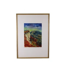 Mid Century Abstract Landscape Colorful  Watercolor Painting Signed Illegible