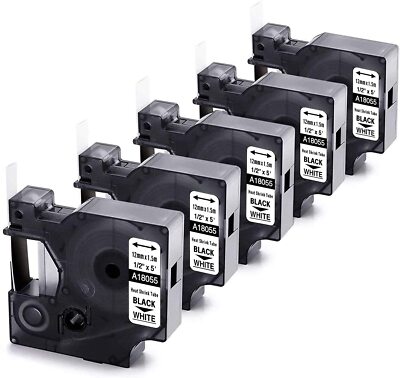 5PK 18055 1/2'' Heat Shrink Tube Label Black on White For Dymo RHINO 4200 6000