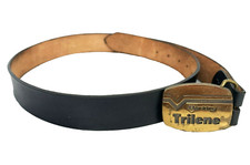 Vtg Berkley Trilene Solid Brass Belt Buckle Leather Mens Black Leather 39" USA