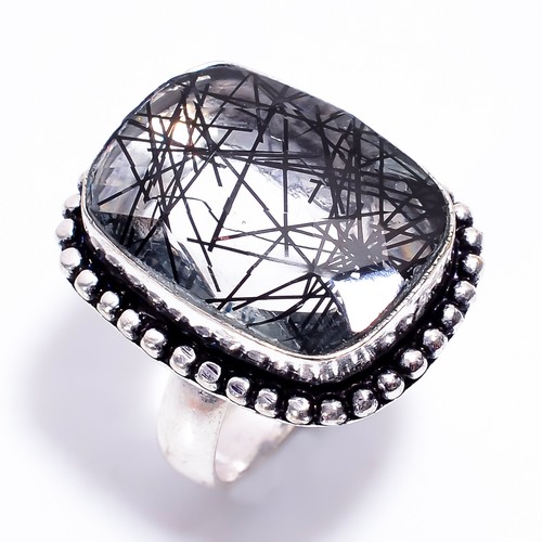 Black Rutile Quartz Gemstone Vintage Fashion Jewelry 925 Silver Ring 7