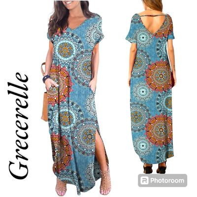 chinese dress ladies GRECERELLE Women's Casual Loose Pocket Long Dress Short Sleeve Split M –  MODAndME