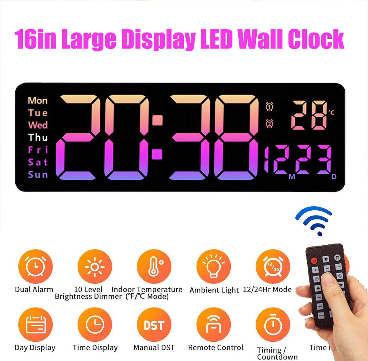 16inch BIG DIGITAL LED CLOCK WALL MOUNT LARGE NUMBERS TIMER DATE TEMPERATURE US