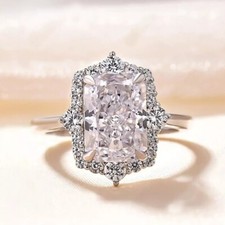 Solid 14K White Gold Moissanite Halo Engagement Ring 2.50 Carat Radiant Cut VVS1