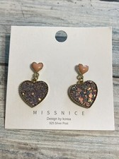 Heart Pink Glitter EARRINGS Drop Dangle 925 Silver Posts NWOT