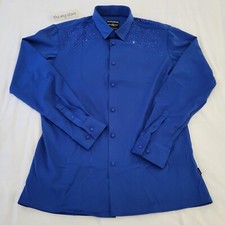Barabas Rhinestone Greek Key Pattern Medusa Long Sleeves Blue Shirts Men's Sz M