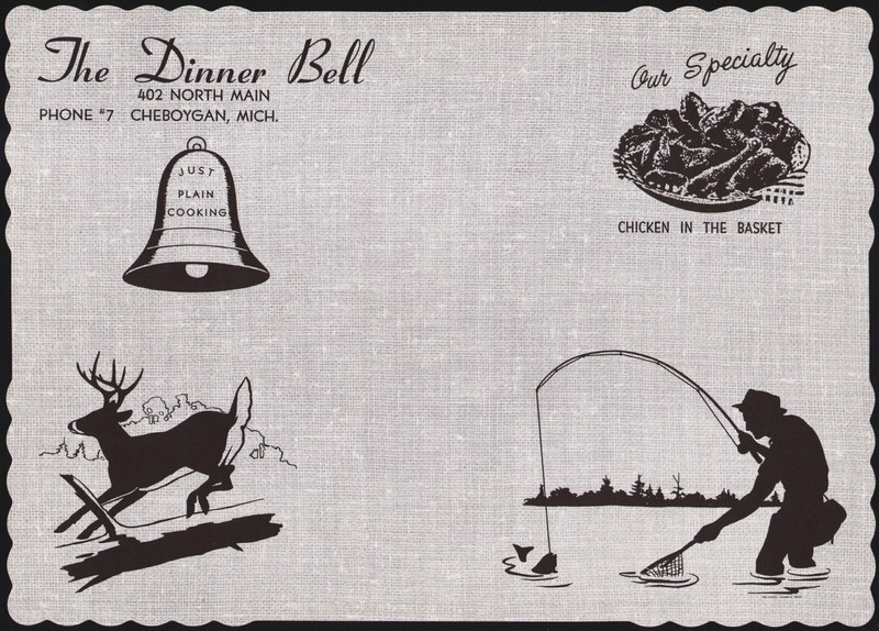 Vintage placemat THE DINNER BELL fisherman and deer Phone #7 Cheboygan Michigan