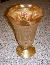 Vintage Jeanette Glass Iris and Herringbone Marigold 9 Inch Vase Ruffled Edge