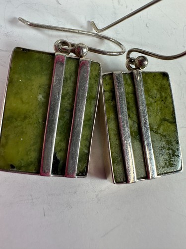 Earrings Serpentine Green Stone Sterling Silver Dangle Rectangles