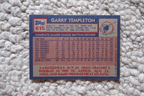 1984 TOPPS GARRY TEMPLETON #615 ~ SAN DIEGO PADRES - Picture 2 of 2