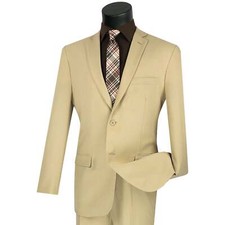 LUCCI Men's Beige 2-Button Slim-Fit Poplin Polyester Suit, 34S-52L - NEW