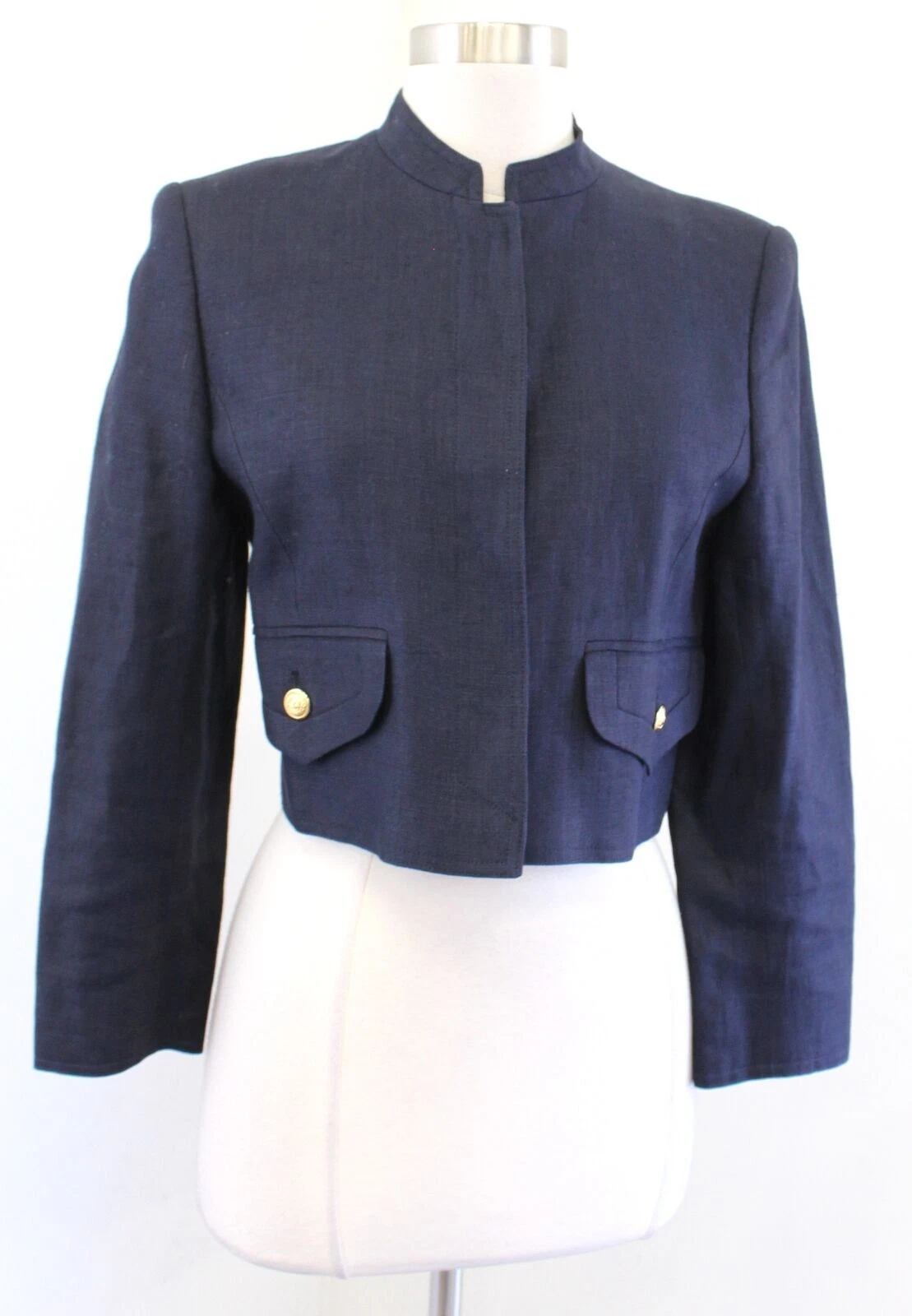 Giacca vintage Valentino Miss V blu navy lino ritagliata colletto mandarino tg 38 4