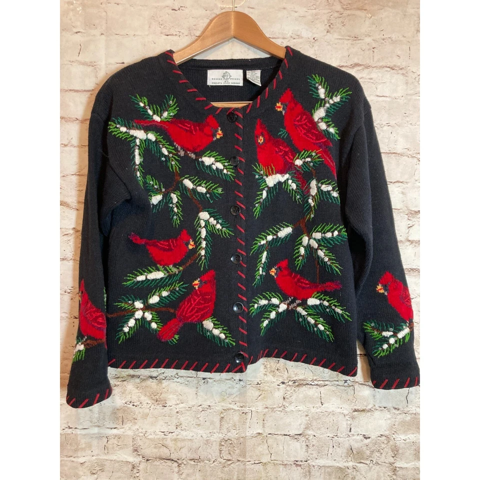 Opções de design suéter feminino Philip Jane Gordon pequeno bordado de pássaro cardinal - Imagem 2 de 4