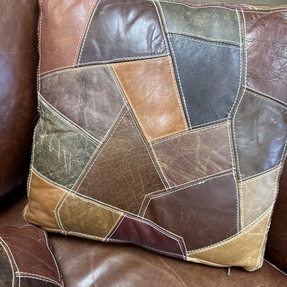 2-Vintage Leather Patchwork Throw Pillow Full Zip Retro 18"X18"  With Inserts - Image 4 of 4