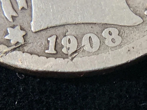 Error 1908-O Barber Quarter, Broken Planchet Circulated Condition SKU# 35512