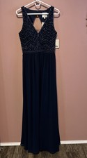 Adrianna Papell Evening Gown Prom MOB Navy Beaded Bodice Size 12 Formal