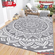 Waterproof Outdoor Rug 9x12 ft Large Reversible Boho Plastic Straw Patio, Grey