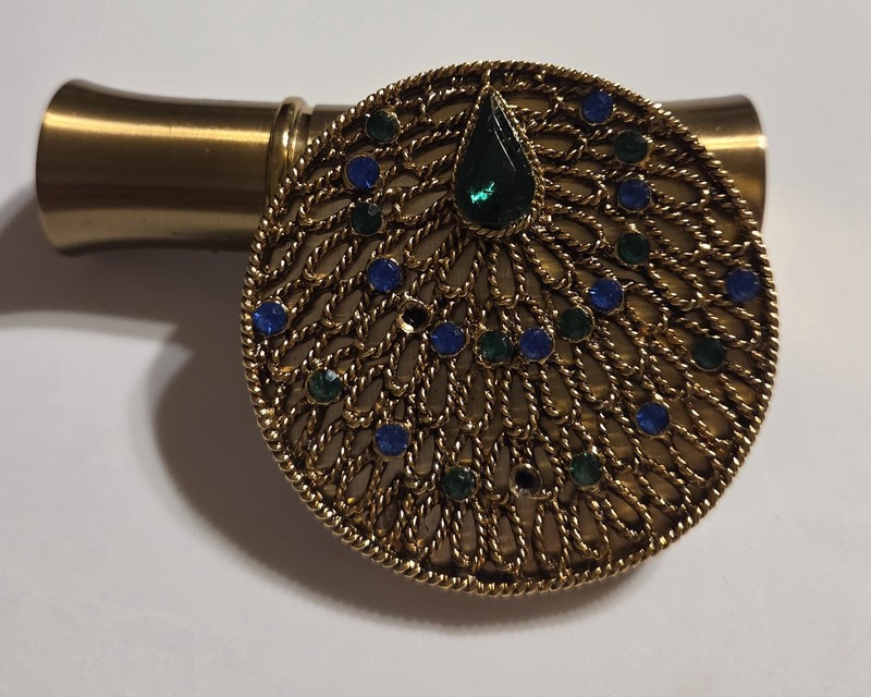 Vintage Mid-Century Glam Gold-toned Peacock Lipstick Holder W Mirror Rhinestones