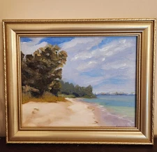 Small Original  Framed Oil Painting Landscape Peaceful Beach
