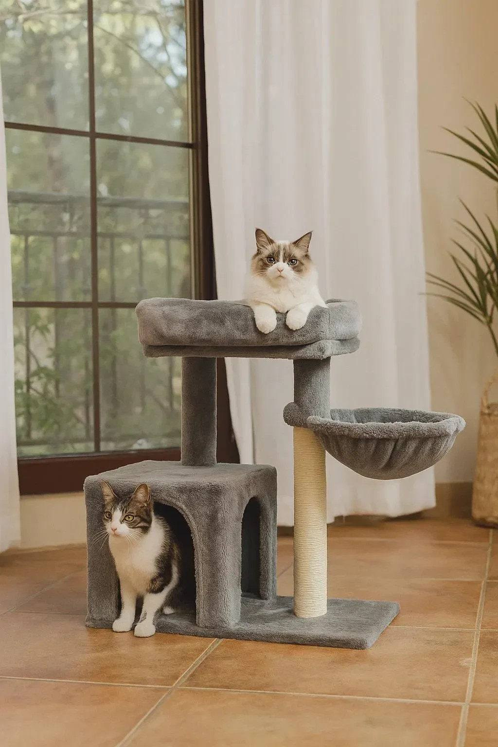 Arbre à chat compact en sisal beige avec hamac profond et cachette pour chaton - 2