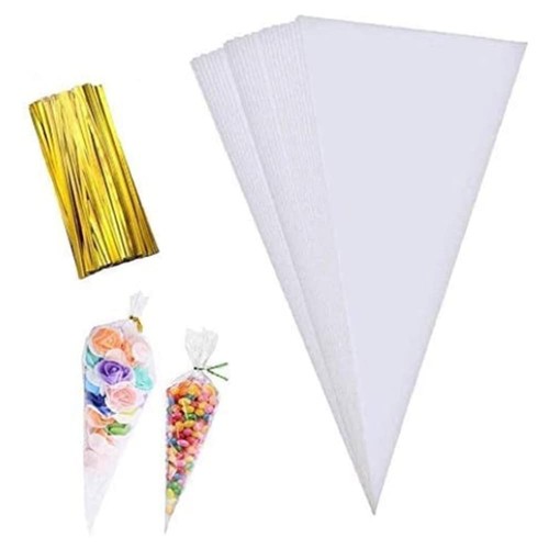 MAOUYWIEE 100 Pieces Popcorn Bags for Party Cone Shape Bags Transparent Cello...