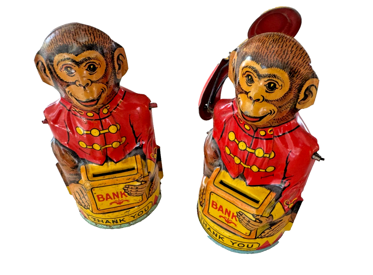 2 Antique Monkey Tin Litho Toy Mechanical Coin Banks by J Schein