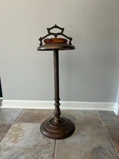 Vintage Mid Century Brass Standing Ashtray With Amber Glass Ash Holder